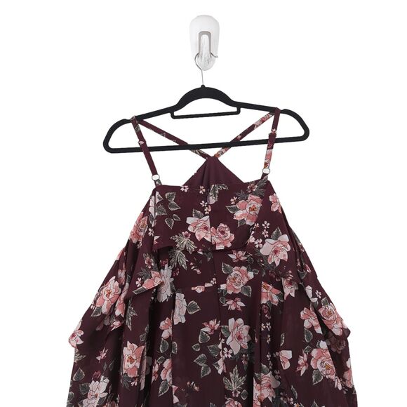 Torrid Women Plus 20 Dress Wine Red Floral Chiffon Halter Cold Shoulder Ruffle - Picture 11 of 11